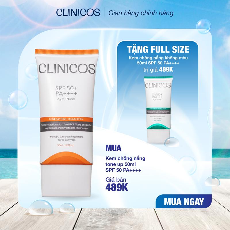 MUA 1 TẶNG 1 KEM CHỐNG NẮNG CLINICOS NÂNG TONE CHO DA NHẠY CẢM TONE - UP SENSITIVE TRUTH SUNSCREEN SPF 50 PA++++ 50ML TẶNG 1 TUÝT FULLSIZE 50ML