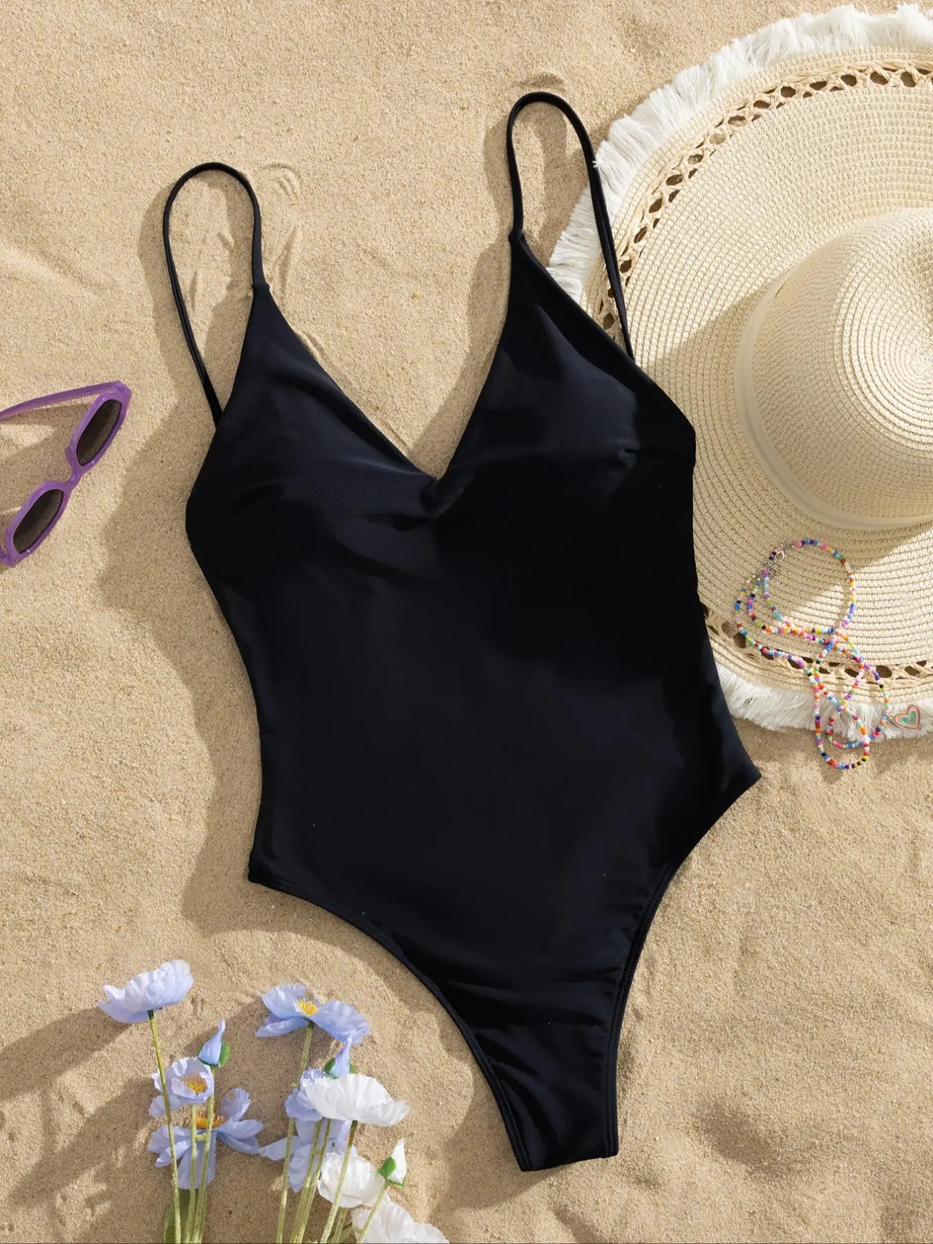 Women's Solid Tie Backless Sports One-piece Swimsuit, Casual Sleeveless Spaghetti Strap Swimwear for Beach Holiday Vacation, Ladies Swimsuit for All Seasons