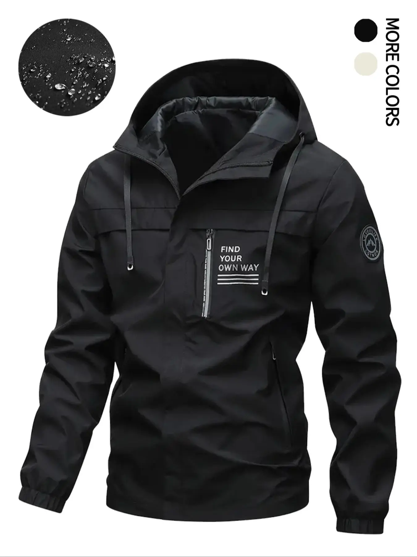 Men's Letter Print Patched Detail Drawstring Hooded Jacket, Loose Casual Long Sleeve Pocket Zip Up Outerwear for Spring & Fall, Fashion Men's Clothes for Daily Wear, Jackets for Men