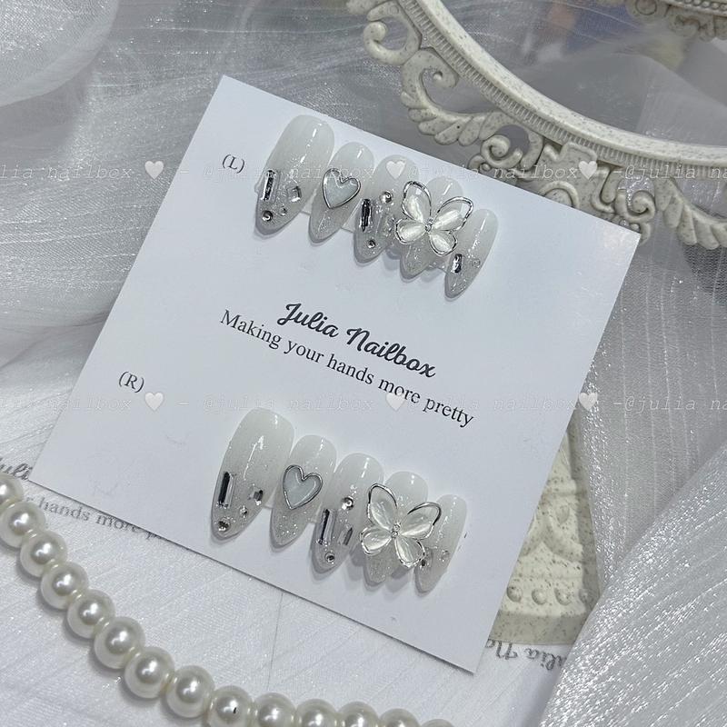 JuliaNailbox Mã 482 tone trắng gạo mix nhũ Móng tay giả thiết kế thủ công sơn gel tặng kèm keo miếng dán dũa bông lau móng gắn dễ dàng tiện lợi có thể tái sử dụng dành cho Nữ