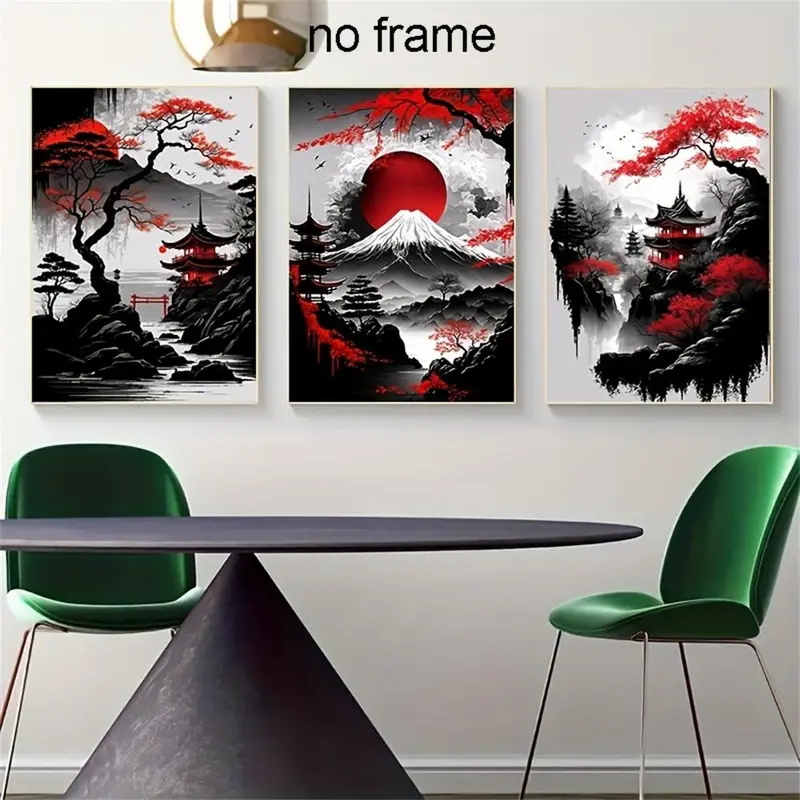 Japanese Landscape Pattern Canvas Painting without Frame, 3pcs/set Waterproof Wall Hanging Decoration Poster Painting for Living Room Bedroom 2