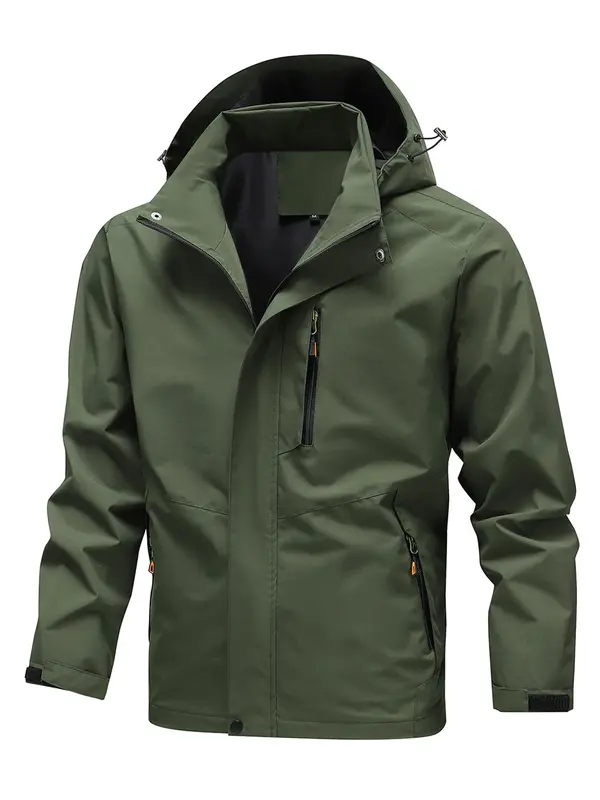 Men's Solid Zip Up Detachable Hooded Jacket, Regular Fit Casual Long Sleeve Outerwear for Fall & Winter, Men's Clothes for Daily Wear 2