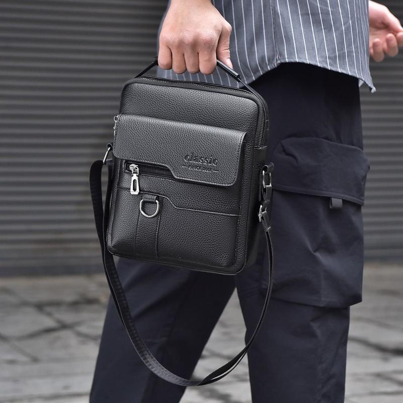 Product Introduction of Casual Solid Color Men's Business Shoulder Bag Flap PU Leather Travel Crossbody Bag Waterproof Large Capacity Zipper Handbag 12