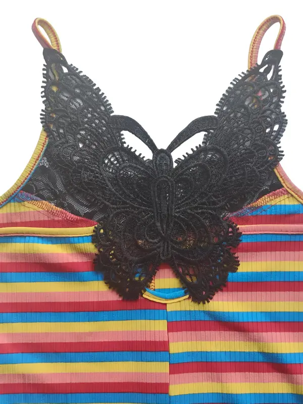 Women's Rainbow Stripe Pattern Bow Decor Contrast Lace Romper, Casual Sleeveless Romper for Summer, Fashion Women's Clothing for Daily Wear 7