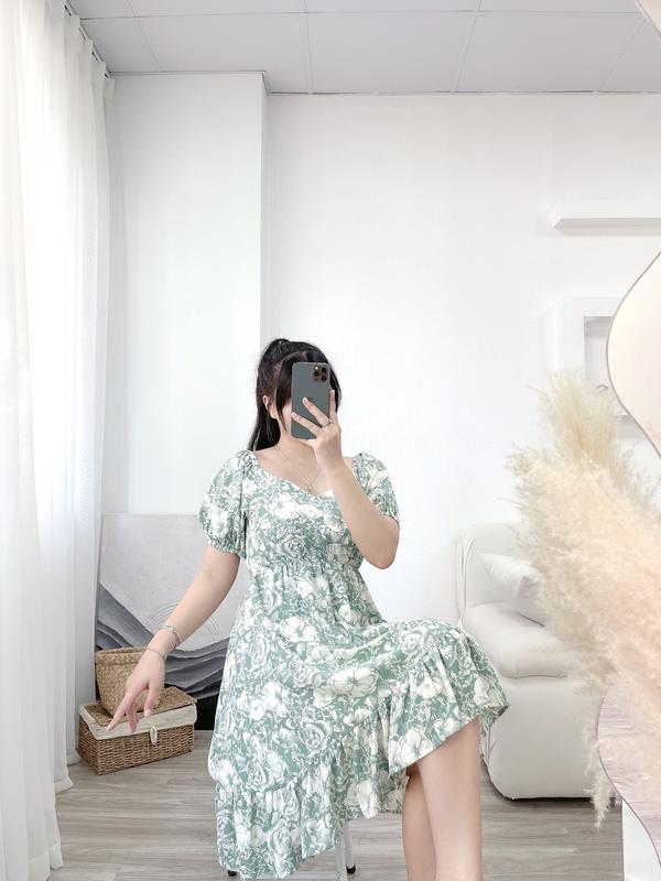 Chubby House Styles-Floral Dress- Đầm big size xòe hoạ tiết hoa cột dây Nữ Women peplum Kem Nhung 7
