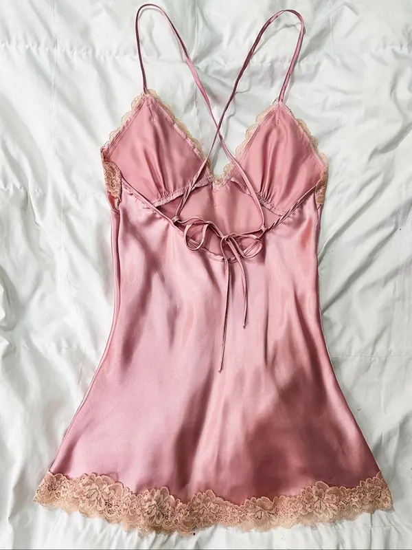 Women's Contrast Lace Criss Cross Bow Back Satin Cami Nightdress, Silky Naughty Lingerie, Night Gown for Women, House Dress for Women, Elegant Spaghetti Strap Split Hem Backless Night Gown, Ladies Summer Sleepwear & Loungewear, Pyjamas for Women 8
