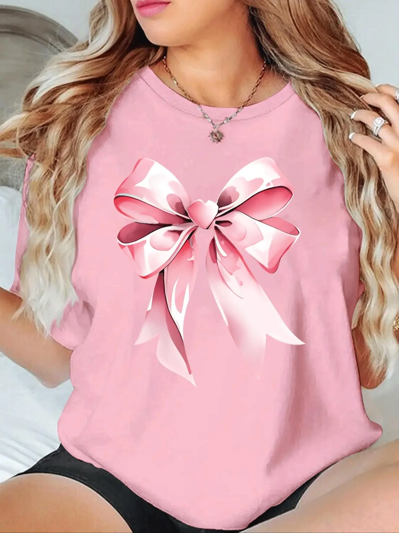 Women's Bow Print Round Neck Tee, Casual Short Sleeve Crew Neck T-shirt for Summer, Fashion Women's Top for Daily Wear