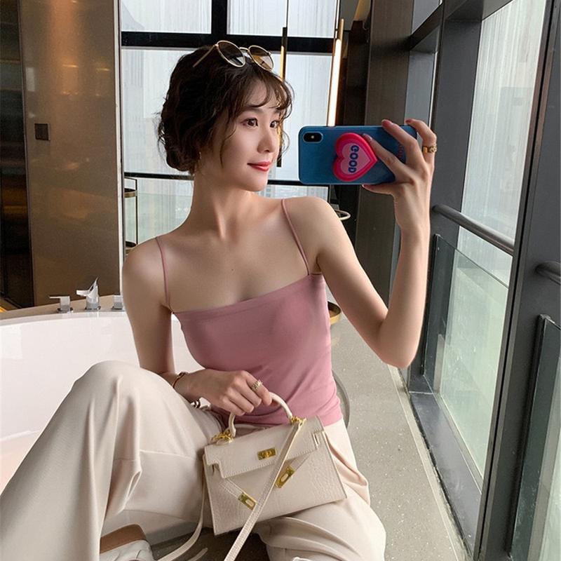 Áo Vest Hai Dây Màu Trơn Phong Cách Mùa Hè, Dành Cho Nữ, Có Đệm Ngực Một Mảnh, Dây Đeo Vai Mỏng, Áo Ống Cơ Sở Dây Đeo, Có Thể Mặc Ngoài Trời, Áo Thời Trang, Cô Gái Gia Vị 0