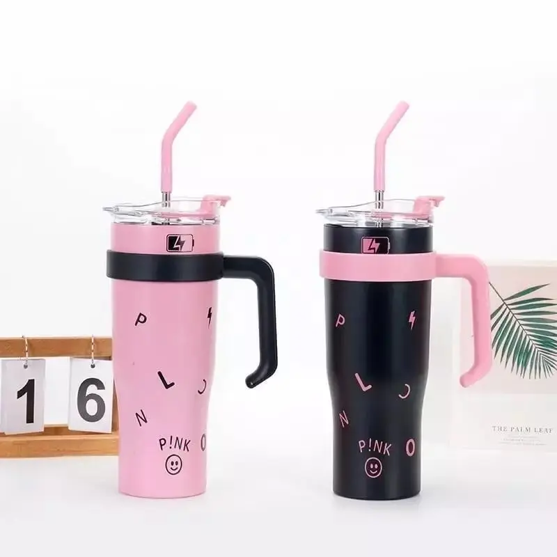 Cốc ly giữ nhiệt inox BNT Official BLACKPINK màu hồng và đen 1200ml kèm ống hút 8