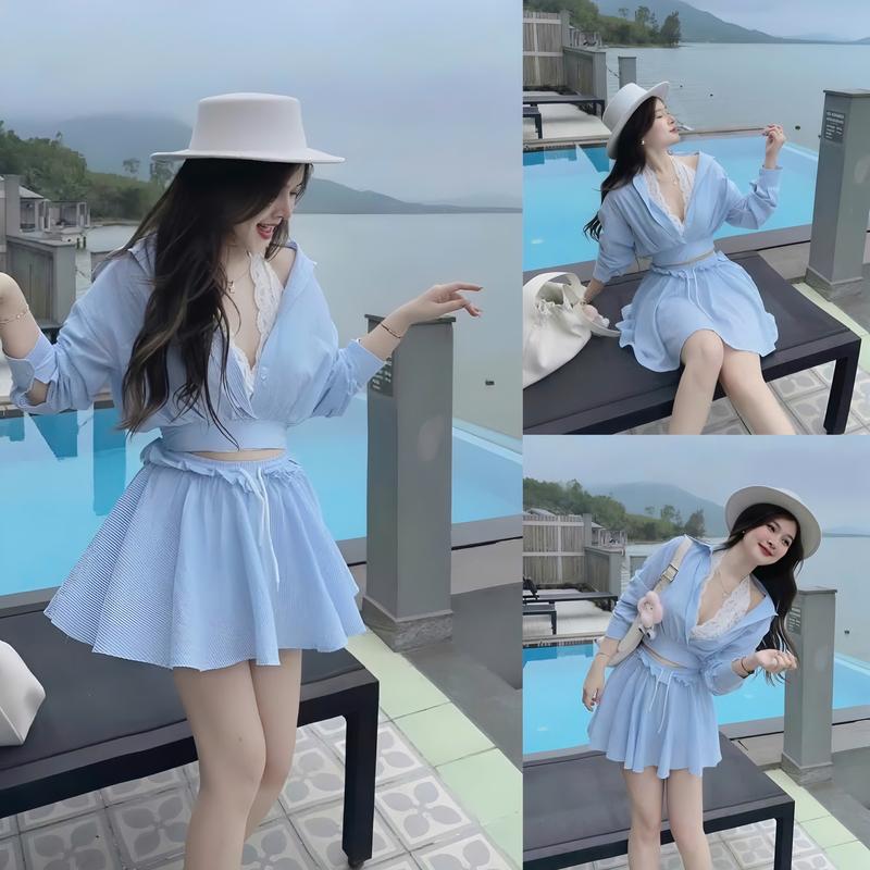  Sét 3 Món Đi Biển Đũi Sọc Sơ Mi Phối Chân Váy Cột Dây Có Lót Kèm Áo Ren Bara Nữ Tính Dịu Dàng Thanh Lịch Sang Trọng Dễ Thương  - Free Size - Women Top Màu ĐEN- ĐỎ 