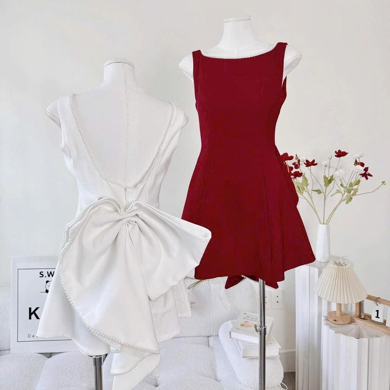 Product Introduction of ( Sam’s Clothing ) Đầm nữ hở lưng đính nơ to viền dây ngọc dáng ngắn xinh xắn Women 20