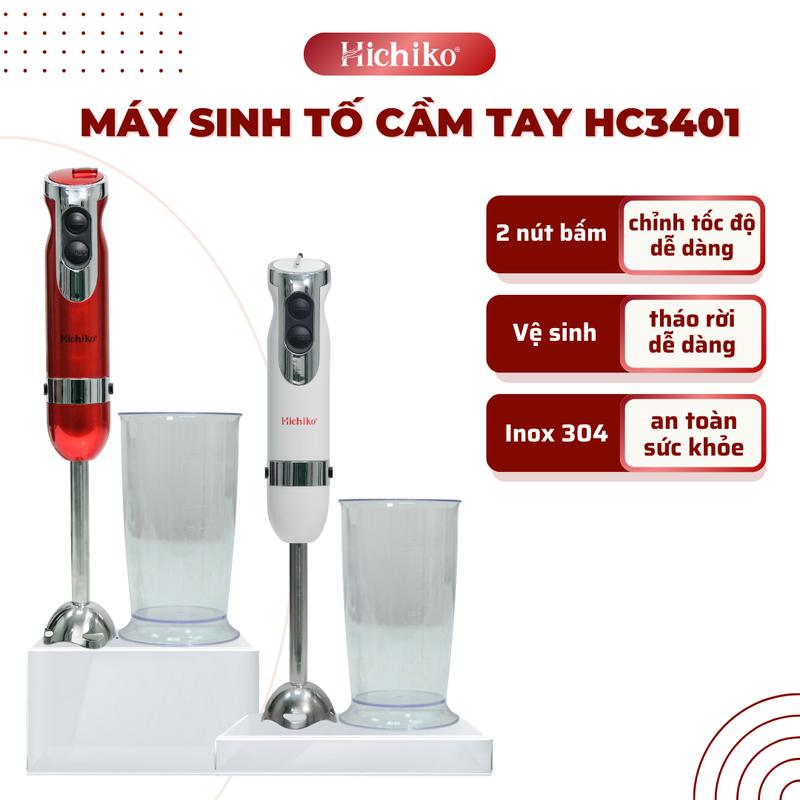 [Tặng kèm cốc xay] Máy Xay Sinh Tố cầm tay Hichiko HC - 3401, thanh xay Inox chắc chắn, Tháo rời vệ sinh dễ dàng  dễ dàng vệ sinh, Điều khiển bằng núm bấm, xay dễ dàng trong mọi nồi niêu,...