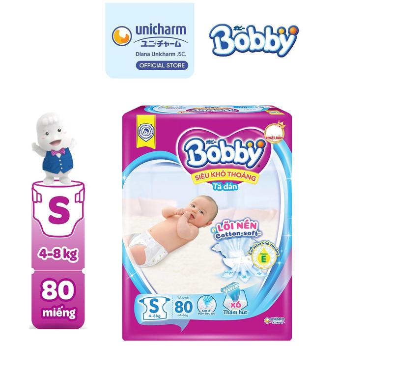 Bobby Tã/bỉm dán S80 Siêu khô thoáng Lõi nén cotton-soft Cho bé