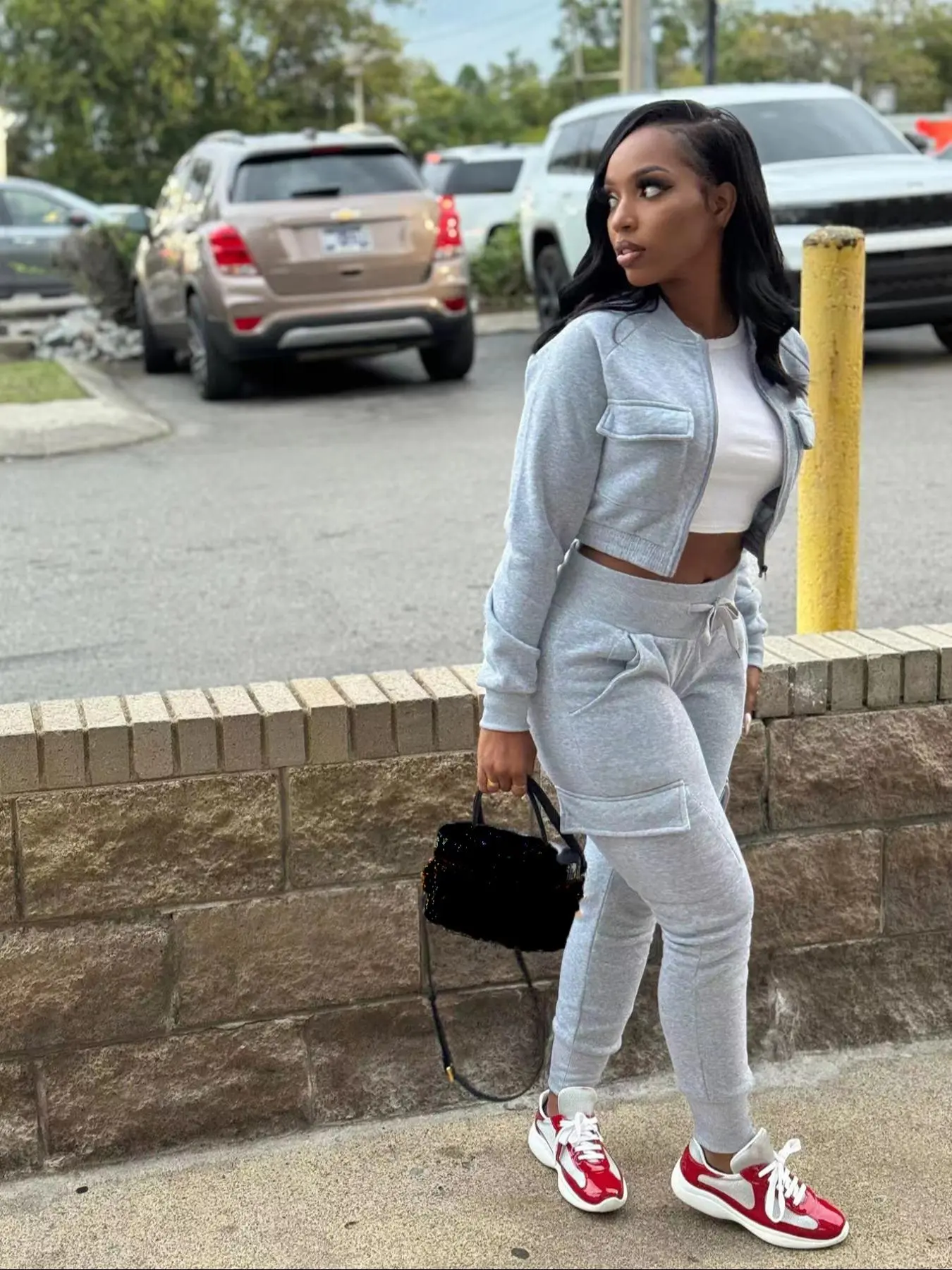 Women's Solid Zip Up Crop Jacket & Drawstring Waist Pants Two-piece Set, Casual Raglan Sleeve Zip Front Outerwear & Pocket Trousers for Fall & Winter, Ladies Clothes for Daily Wear