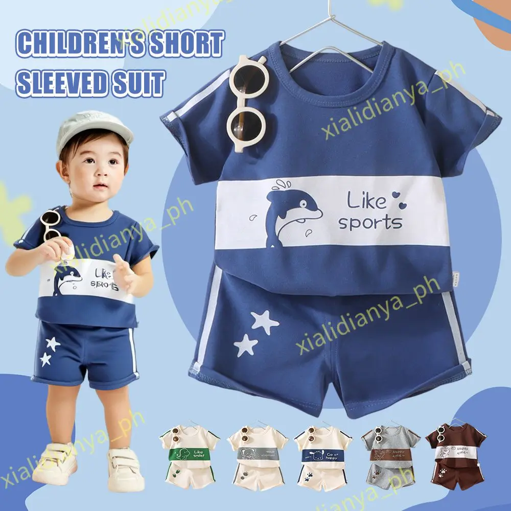Newborn Baby Boys Girls Short Sleeve Cotton Terno Sets Cartoon Dolphin Dinnosaur Print Tops T-shirt and Shorts Kids 2PCS Sando Clothes Suit For 0-7 Years