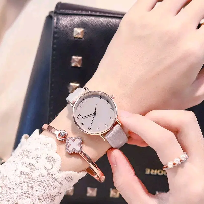 FREE BOX || Jam Tangan Wanita Casual Strap Pu Bulat Jam Analog