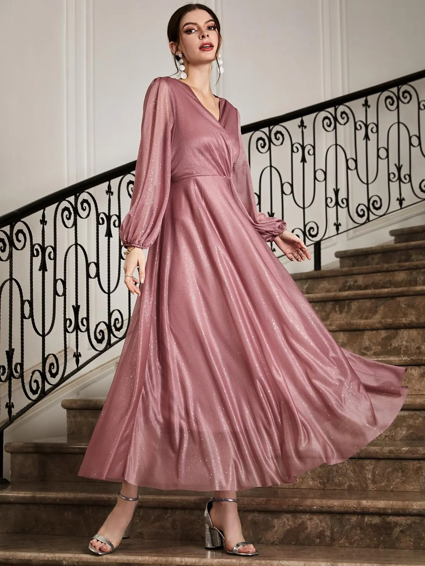 Women's Basic Wrap V Neck Longsleeves Fit & Flare Dress, Chic Bishop Sleeve A-line Long Dress for Holiday Wedding Guest, Mean Girl Party Comfort Lady Formal Wear