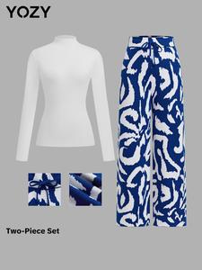 YOZY Women's Plain Mock Neck Ribbed Tee & All Over Print Drawstring Waist Wide Leg Pants Two-piece Set, Casual Fashion Cozy Knitwear Set for Daily Outdoor Wear, Women Knitwear for Fall & Winter
