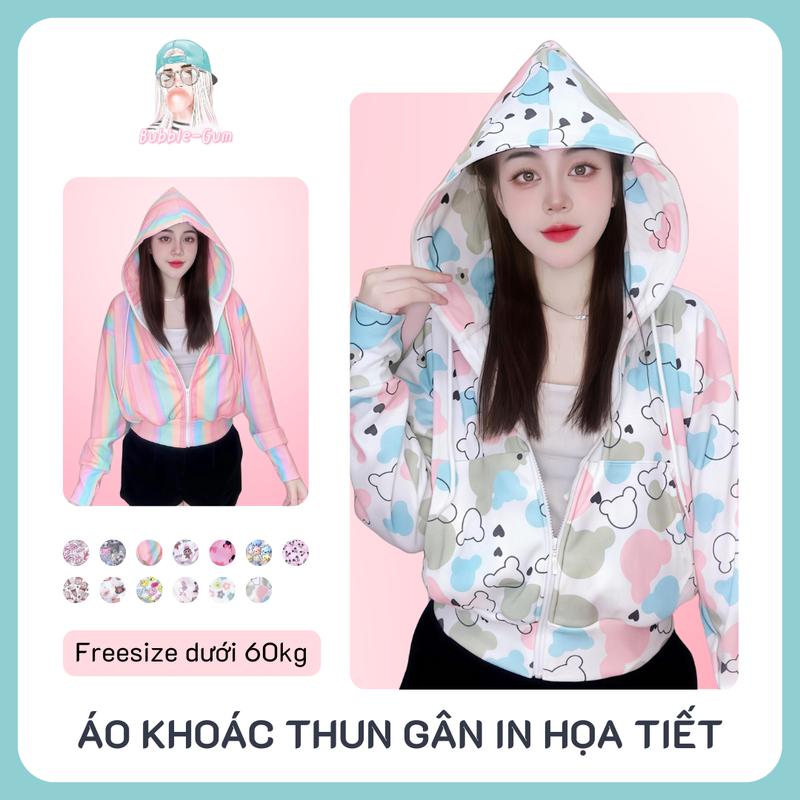 Áo Khoác Nữ Thun Gân In Họa Tiết Hoạt Hình Dễ Thương 6 Túi By BUBBLE GUM  Top Women Jacket Nhung Kem | AK09