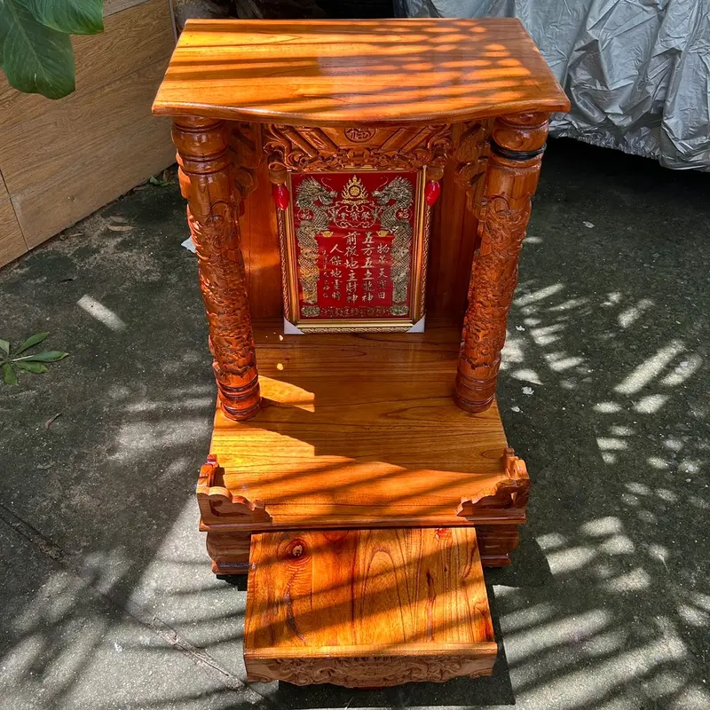 [SIÊU RẺ_BÁN CHẠY] Bàn thờ thần tài bàn thờ thổ địa cột rồng mâm kéo rộng gỗ xoan tự nhiên 42cm 48cm 56cm nước sơn nâu cánh gián nhẵn bóng đều đẹp 2