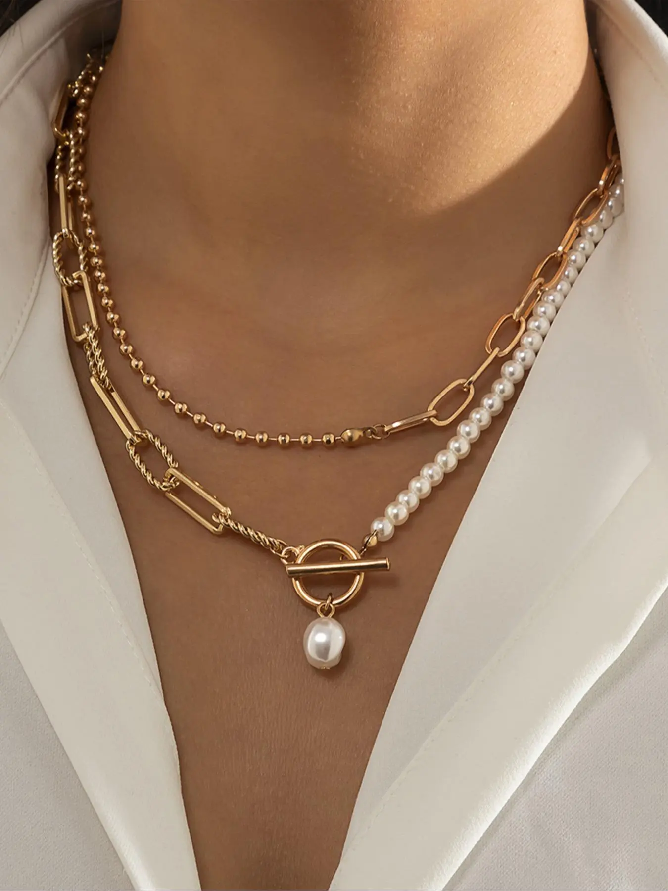 Faux Pearl Decorated Layered Necklace with OT Buckle, Fashion Oval & Beaded Chain for Party, Daily Clothing Decor, Trendy All-match & Exquisite Jewelry for Birthday Gift