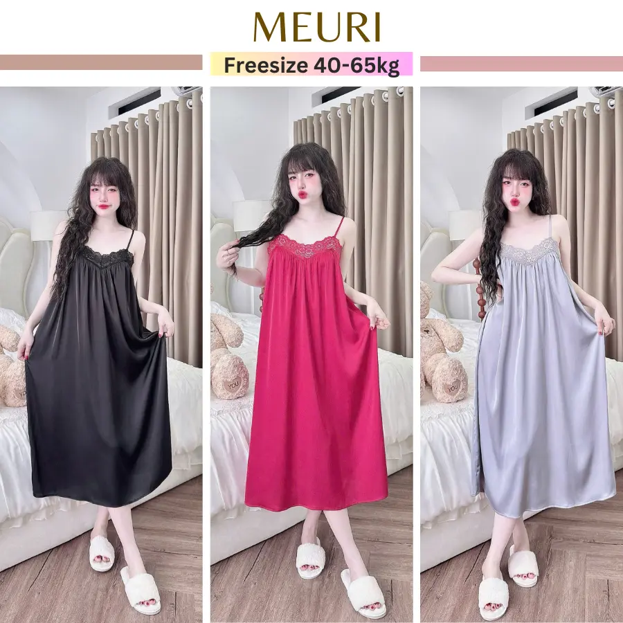 Váy ngủ 2dây lụa latin trơn lai bèo dễ thương