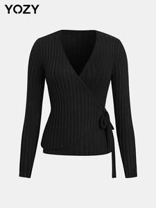 YOZY Women's Solid Belted Wrap V Neck Cardigan, Casual Long Sleeve Knitwear for Fall & Winter, Women's Knit Clothing for Daily Wear