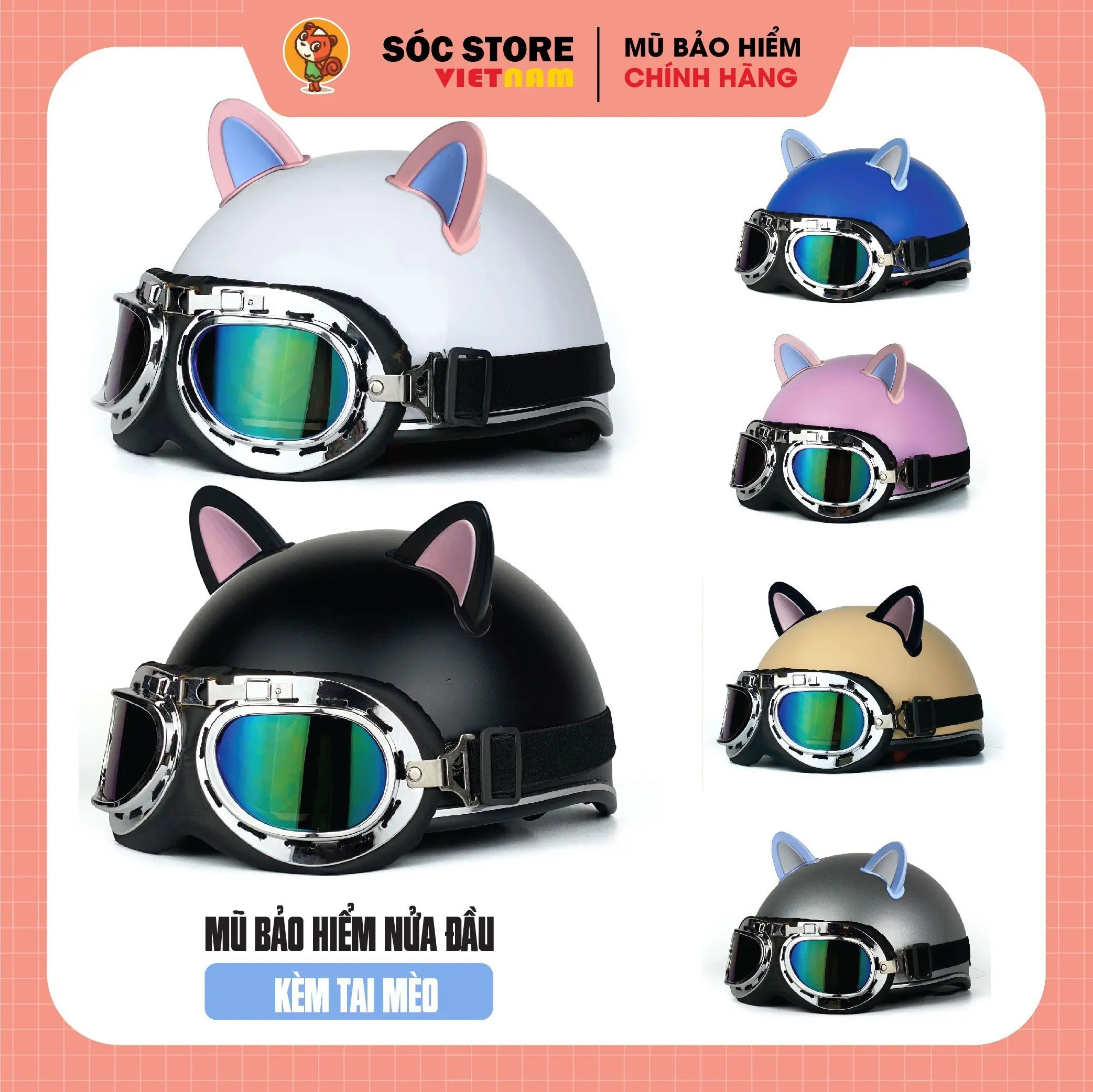 Mũ - Nón bảo hiểm kính phi công mix tai mèo 2 màu Sóc Store