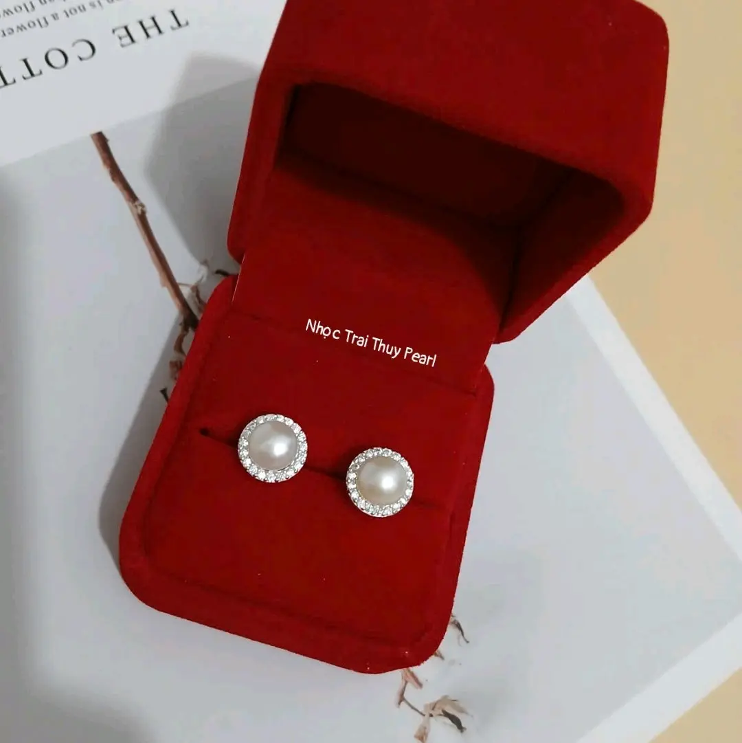 Bông tai ngọc trai thật  viền bạc size 7.5 -8li sang trọng quý phái