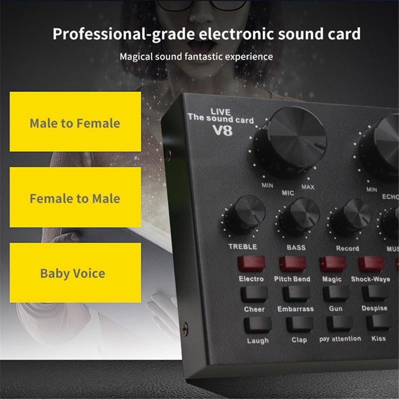 Product Introduction of Soundcard V8 Lengkap Ori V8 Sound Card Microphone Webcast Live External Sound Card with Personal Entertainment Streamer for Phone Computer Sound Card V8 Audio Soundcard New 3