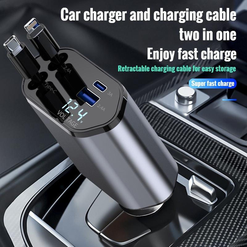  Bộ sạc ô tô siêu nhanh 120W 4 trong 1 Cáp sạc Có Thể Thu Vào tích hợp Tương thích với điện thoại Apple và Android A005 