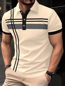 Polo de hombre con estampado de rayas y ribete en contraste, Camiseta informal de manga corta con botones en la parte delantera para verano, Ropa de hombre de moda para el día a día