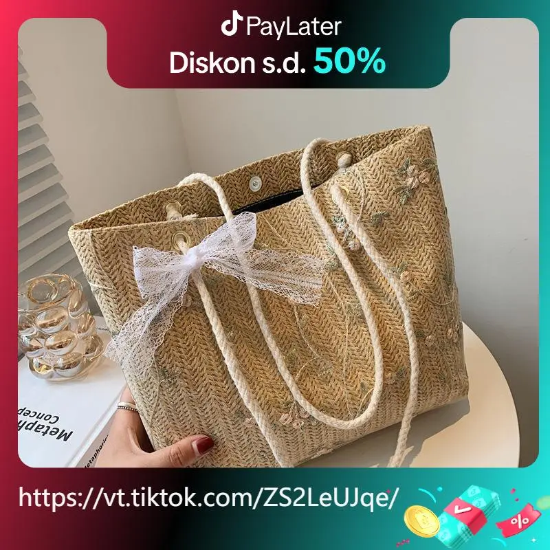 Tas Selempang Wanita Totebag wanita  Anyaman Jerami Premium Tali Bahu Pita Tenun Motif Bunga Cokelat cewek DMTS099