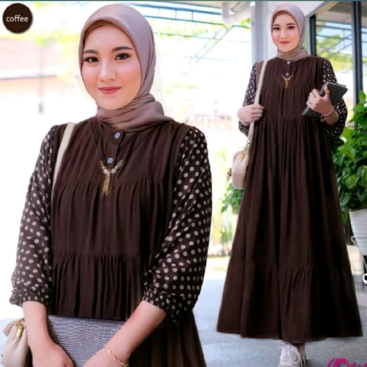 Dasima Gamis polos Kombinasi Polkadot midi Dress terbaru Muslim Lembut Kain Fit Cantik Kancing  Motif Panjang Rayon Wanita Ibu  Nyaman Variasi  Katun Kerah Menyusui