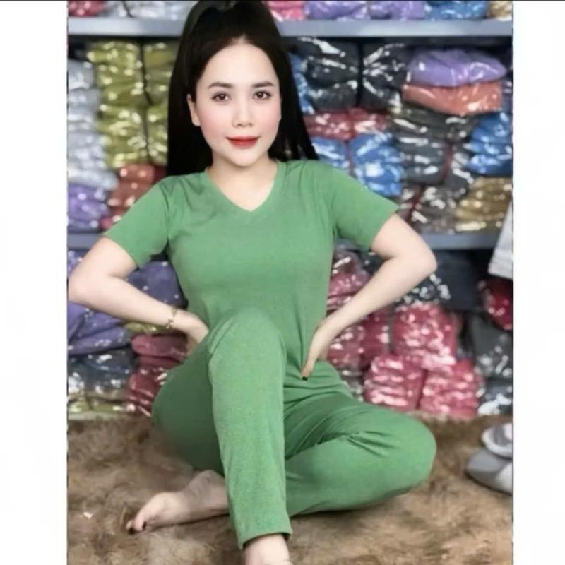 Set Bộ Mặc Nhà Áo Cổ Tim Tay Ngắn Quần Dài Ống Ôm Vải Gân Đũa Lạnh Thoáng Mát Nhiều Size 1