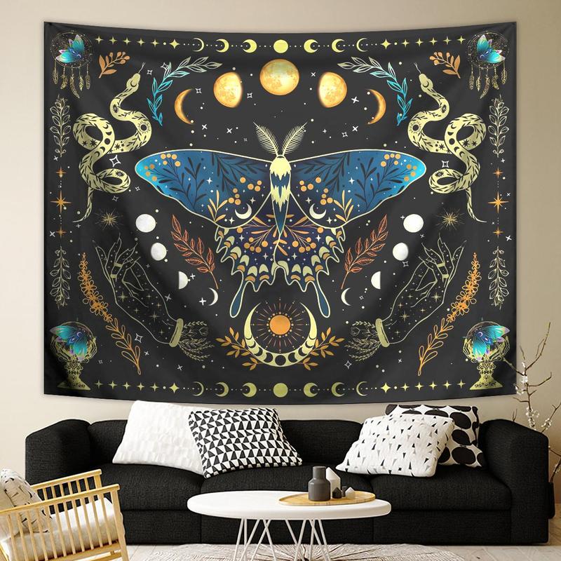 Butterfly & Moon Pattern Tapestry, Bohemian Plant Starry Sky Tapestry, Wall Hanging for Bedroom Living Room Study Room Office 3