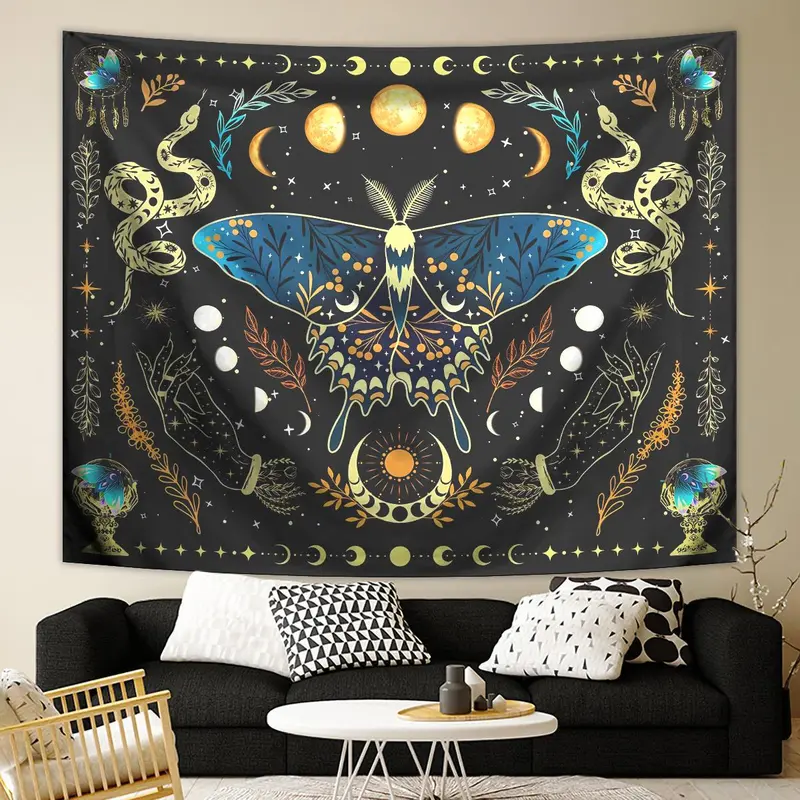 Butterfly & Moon Pattern Tapestry, Bohemian Plant Starry Sky Tapestry, Wall Hanging for Bedroom Living Room Study Room Office 3