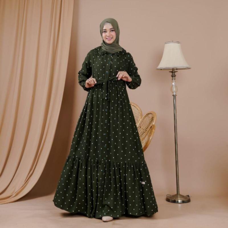 Gamis Polkadot Terbaru,Baju Muslim Wanita, Dress Wanita Kain Rayon High Panjang