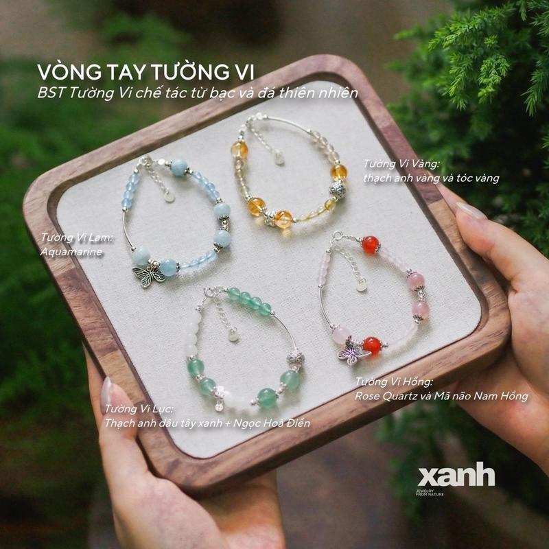 Vòng tay Tường Vi đá thiên nhiên ngũ hành phong thuỷ mix charm bạc dễ thương, nữ tính - Xanh Jewelry Phụ Kiện Caro Lịch Đeo Tay Điềm lành Vietnam Rose quartz vòng  tay  aquamarine