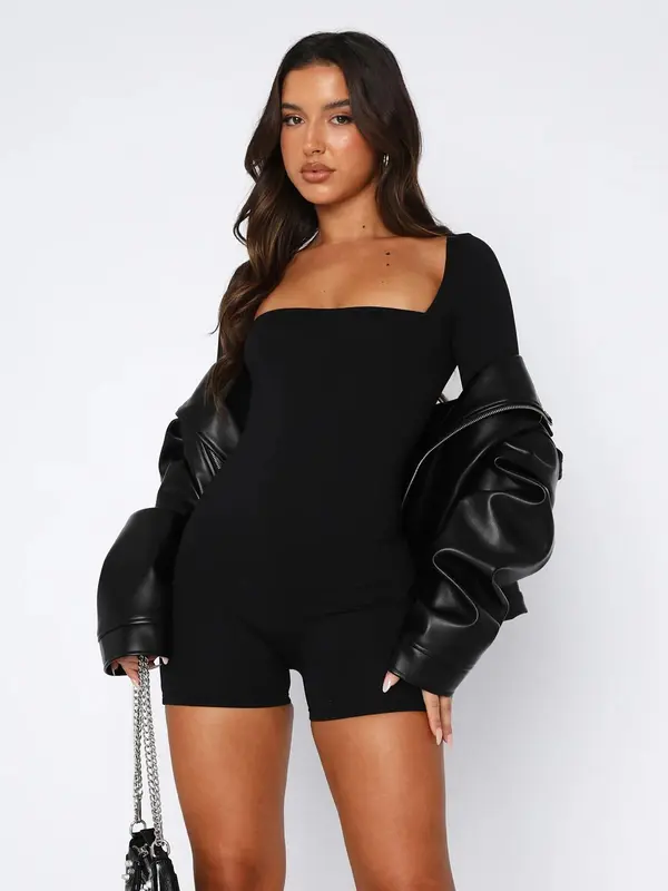 Women's Solid Long Sleeves Square Neck Bodycon Romper, Lady Bodysuit Womenswear, Comfort Basic Minimalist Casual Solid One-Piece Outfit For Spring & Fall, Women's Clothes for Streetwear 3