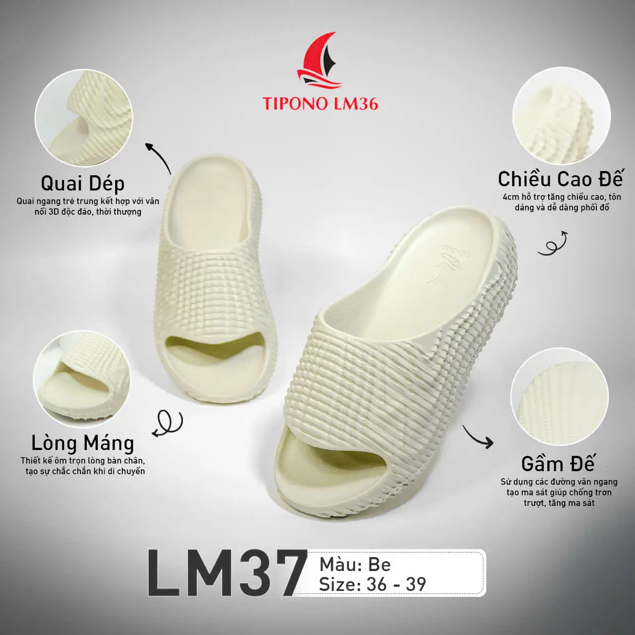 TIPONO LM37 Dép Quai Ngang Bánh Mì Unisex Form Dày Cá Tính, Vân Nhám Dập Nổi, Êm Nhẹ Đi Cực Thích