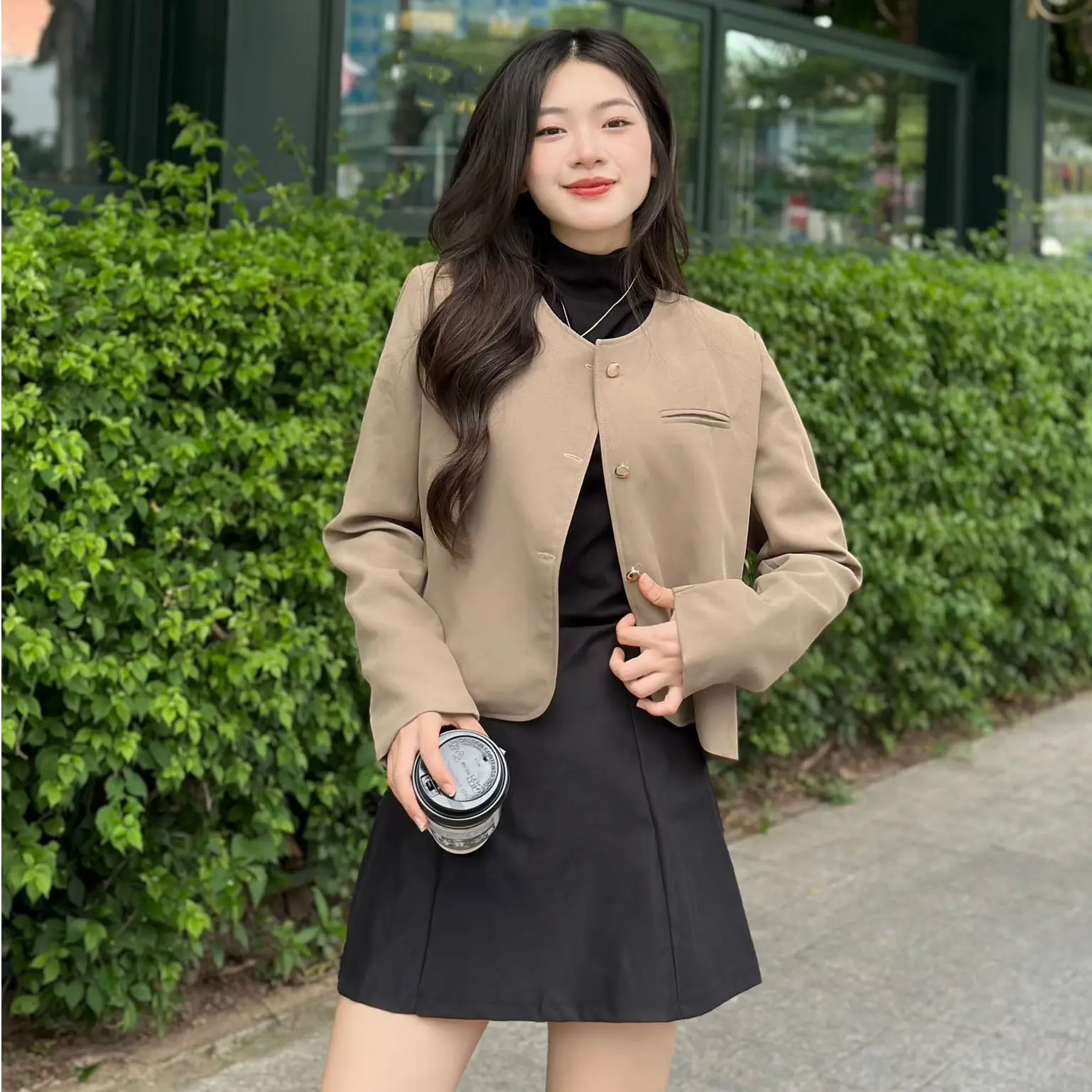 Áo Khoác Vest Blazer Nữ Trơn Khuy Đồng Cổ Tròn 29feb.closet Một Túi Trước Thu Đông - A350 Women Top  Kem | BigBuy360 - bigbuy360.vn