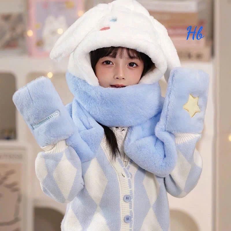 Mũ lông kuromi,melody,cinamorol chùm đầu 3in1 có khăn quàng cổ,găng tay dày dặn mềm mịn cho người lớn và trẻ em Voi 7