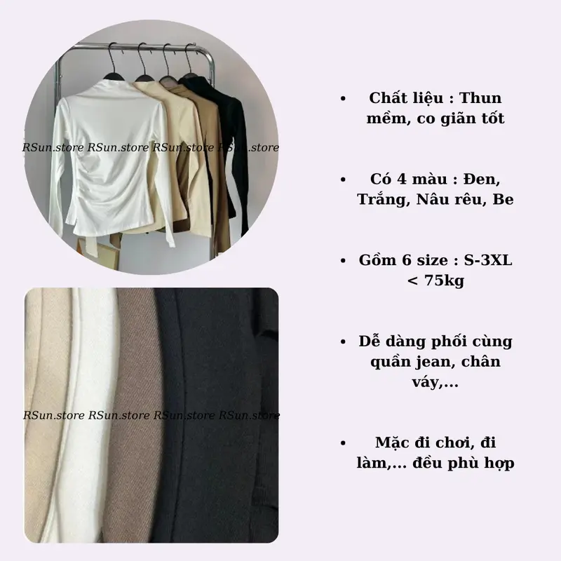 Áo giữ nhiệt cổ 3 phân nhúm sườn bigsize RSun, Áo cổ leo dài tay xẻ tà bigsize 222 Nữ Top 1
