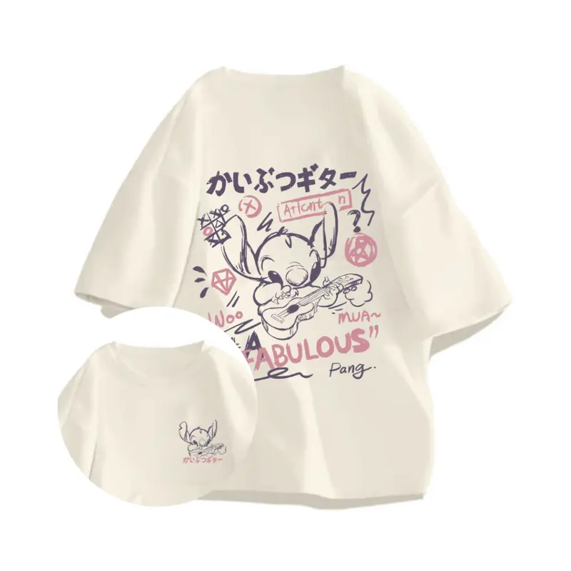 Kaos Wanita Oversize Stitch playing guitar Style baju atasan wanita terbaru | Kaos baju Wanita Cream | Cotton 2