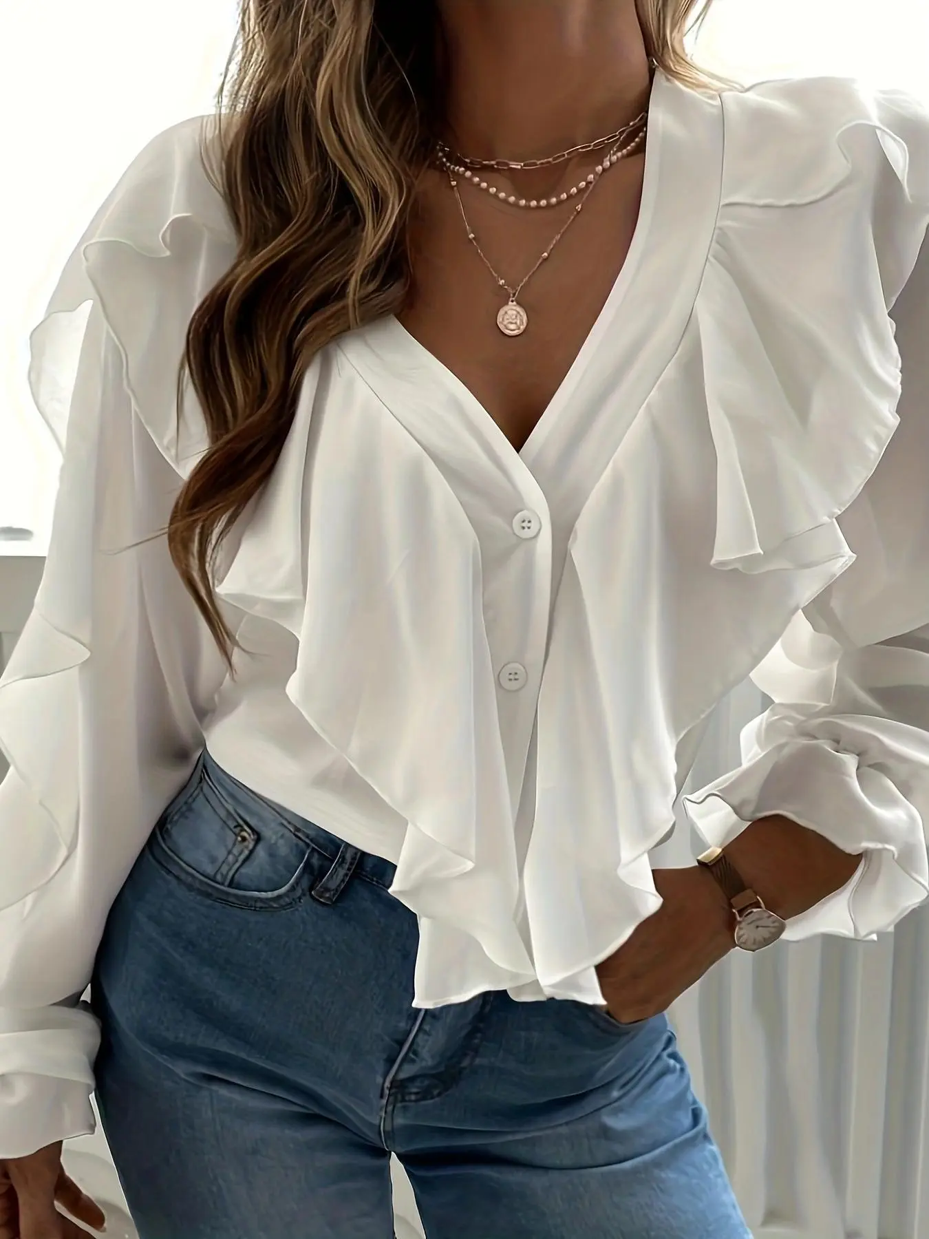 Plus Size Plain Ruffle Trim Button Front Blouse, Casual Flounce Sleeve V Neck Top for Spring & Fall, Women's Clothes for Daily Wear