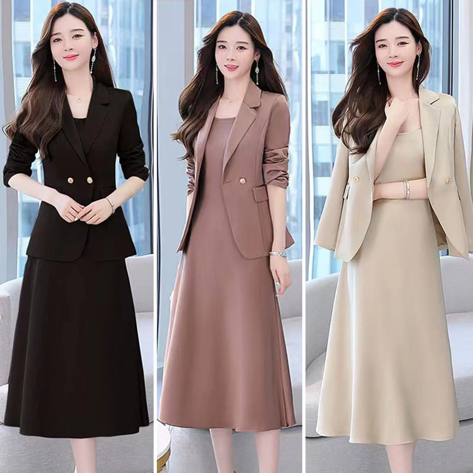 Trang Phục Đi Làm Cho Nữ, 2 Cái / bộ, Hợp Thời Trang, Thoải Mái, Dài Trung Bình, Giá Cả Phải Chăng, Sang Trọng, Thời Trang Dạo Phố, Sling, Áo Khoác Mùa Xuân, Váy, Quần Áo Mùa Xuân
