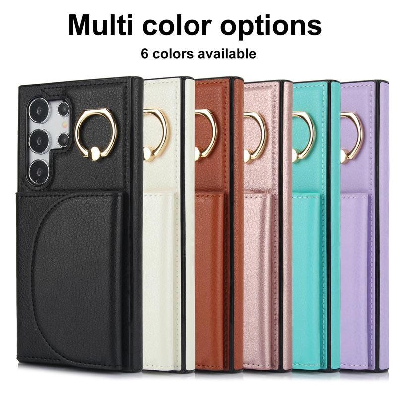 Product Introduction of Solid Color Phone Case with Finger Ring & Card Slot, 1 Count PU Leather Wallet Phone Protective Cover, Phone Accessory for Samsung Galaxy S24 S23 S22 S21 8