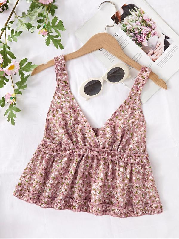 Women's Ditsy Floral Print Frill Trim Shirred Peplum Cami Top, Boho Fashion Deep V Neck Top for Daily Holiday Vacation Wear, Bohemian Tops for Women, Ladies Clothes for Summer, Womenswear 4