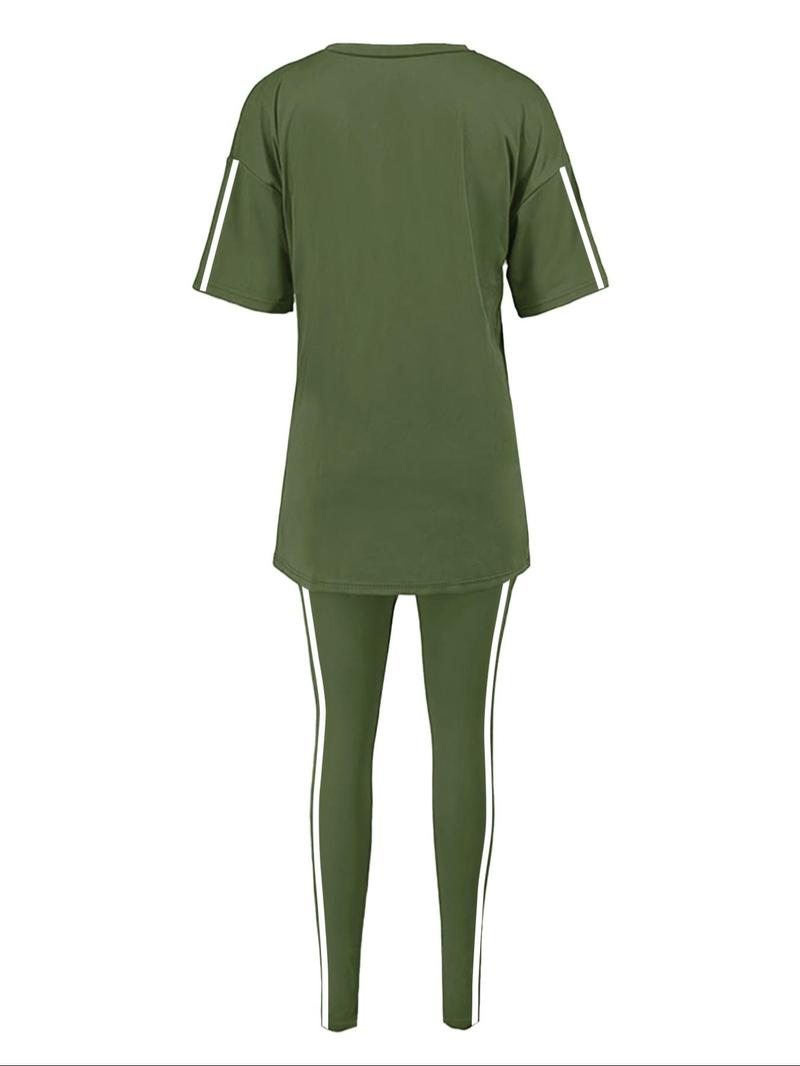 Product Introduction of Two-Piece Set Women's Side Stripe Tee & Pants Set, Casual Round Neck Half Sleeve T-shirt & Trousers, Women's Spring & Fall Clothes 6